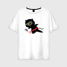 Женская футболка хлопок Oversize с принтом Ниндзя-Кот в Белгороде, 100% хлопок | свободный крой, круглый ворот, спущенный рукав, длина до линии бедер
 | animal | cat | cute | kitty | meow | друг | животные | киска | кися | китти | кот | котенок | котик | котэ | кошечка | кошка | мур | мяу | питомец
