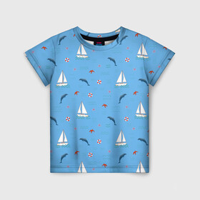 Детская футболка 3D с принтом Море, дельфины, парусник в Белгороде, 100% гипоаллергенный полиэфир | прямой крой, круглый вырез горловины, длина до линии бедер, чуть спущенное плечо, ткань немного тянется | boat | dolphins | lifebuoy | marine | ocean | sea | southern | starfish | summer | vacation | waves | волны | корабль | лето | лодка | морская звезда | морской | обитатели | океан | отдых | пейзаж | плавание | пляж | синий | спасательный круг | 