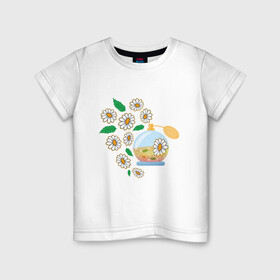 Детская футболка хлопок с принтом Духи с ромашкой в Белгороде, 100% хлопок | круглый вырез горловины, полуприлегающий силуэт, длина до линии бедер | aroma | chamomile | flower | perfume | аромат | духи | парфюм | ромашка | цветок