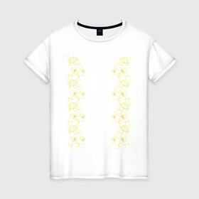 Женская футболка хлопок с принтом Золотые бутоны в Белгороде, 100% хлопок | прямой крой, круглый вырез горловины, длина до линии бедер, слегка спущенное плечо | вензеля | золотые бутоны | симметрия | узор | цветы