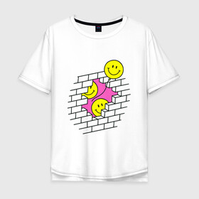 Мужская футболка хлопок Oversize с принтом ШАРИКИ В СТЕНЕ / РЕТРО в Белгороде, 100% хлопок | свободный крой, круглый ворот, “спинка” длиннее передней части | smile. | иллюзия | кирпич | классический | ретро | смайл | смайлик | стена | шарики