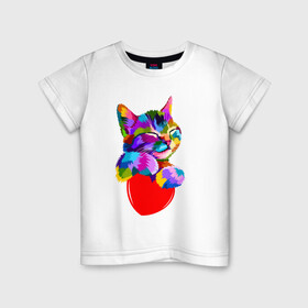 Детская футболка хлопок с принтом РАДУЖНЫЙ КОТИК / RAINBOW KITTY в Белгороде, 100% хлопок | круглый вырез горловины, полуприлегающий силуэт, длина до линии бедер | heart | kitty | like | low poly | rainbow | животные | звери | котик | лайк | радуга | радужный котик | сердечко | цветные