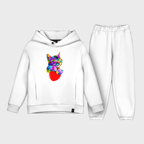 Детский костюм хлопок Oversize с принтом РАДУЖНЫЙ КОТИК   RAINBOW KITTY в Белгороде,  |  | heart | kitty | like | low poly | rainbow | животные | звери | котик | лайк | радуга | радужный котик | сердечко | цветные