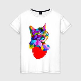 Женская футболка хлопок с принтом РАДУЖНЫЙ КОТИК / RAINBOW KITTY в Белгороде, 100% хлопок | прямой крой, круглый вырез горловины, длина до линии бедер, слегка спущенное плечо | heart | kitty | like | low poly | rainbow | животные | звери | котик | лайк | радуга | радужный котик | сердечко | цветные