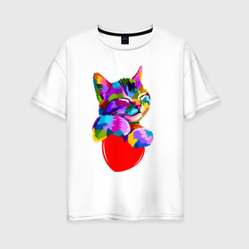 Женская футболка хлопок Oversize с принтом РАДУЖНЫЙ КОТИК / RAINBOW KITTY в Белгороде, 100% хлопок | свободный крой, круглый ворот, спущенный рукав, длина до линии бедер
 | heart | kitty | like | low poly | rainbow | животные | звери | котик | лайк | радуга | радужный котик | сердечко | цветные