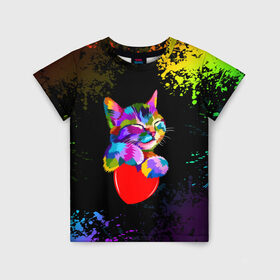 Детская футболка 3D с принтом РАДУЖНЫЙ КОТИК / RAINBOW KITTY в Белгороде, 100% гипоаллергенный полиэфир | прямой крой, круглый вырез горловины, длина до линии бедер, чуть спущенное плечо, ткань немного тянется | heart | kitty | like | low poly | rainbow | животные | звери | котик | лайк | радуга | радужный котик | сердечко | цветные