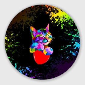 Коврик для мышки круглый с принтом РАДУЖНЫЙ КОТИК / RAINBOW KITTY в Белгороде, резина и полиэстер | круглая форма, изображение наносится на всю лицевую часть | heart | kitty | like | low poly | rainbow | животные | звери | котик | лайк | радуга | радужный котик | сердечко | цветные