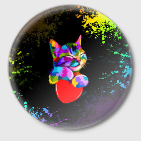 Значок с принтом РАДУЖНЫЙ КОТИК / RAINBOW KITTY в Белгороде,  металл | круглая форма, металлическая застежка в виде булавки | Тематика изображения на принте: heart | kitty | like | low poly | rainbow | животные | звери | котик | лайк | радуга | радужный котик | сердечко | цветные