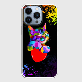 Чехол для iPhone 13 Pro с принтом РАДУЖНЫЙ КОТИК   RAINBOW KITTY в Белгороде,  |  | Тематика изображения на принте: heart | kitty | like | low poly | rainbow | животные | звери | котик | лайк | радуга | радужный котик | сердечко | цветные