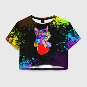 Женская футболка Crop-top 3D с принтом РАДУЖНЫЙ КОТИК / RAINBOW KITTY в Белгороде, 100% полиэстер | круглая горловина, длина футболки до линии талии, рукава с отворотами | heart | kitty | like | low poly | rainbow | животные | звери | котик | лайк | радуга | радужный котик | сердечко | цветные