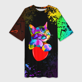 Платье-футболка 3D с принтом РАДУЖНЫЙ КОТИК   RAINBOW KITTY в Белгороде,  |  | heart | kitty | like | low poly | rainbow | животные | звери | котик | лайк | радуга | радужный котик | сердечко | цветные