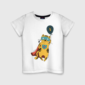 Детская футболка хлопок с принтом Супер кот в Белгороде, 100% хлопок | круглый вырез горловины, полуприлегающий силуэт, длина до линии бедер | super cat | воздушный шарик | кот в плаще | кот герой | супер кот