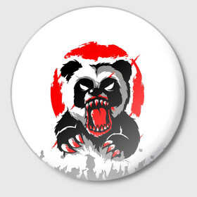 Значок с принтом Злая Кровавая Панда в Белгороде,  металл | круглая форма, металлическая застежка в виде булавки | animal | beast | blood | fire | monster | panda | животные | звери | зубы | кровь | монстр | огонь | панда | хищник