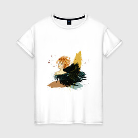 Женская футболка хлопок с принтом Fallen Angel в Белгороде, 100% хлопок | прямой крой, круглый вырез горловины, длина до линии бедер, слегка спущенное плечо | angel | ангел | голубые глаза | живопись | крылья | мальчик | мифология | падший ангел | сказка | фольклор