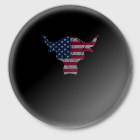 Значок с принтом The Bull в Белгороде,  металл | круглая форма, металлическая застежка в виде булавки | америка | белый | бык | звёзды | красный | полоски | рога | флаг