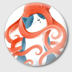 Значок с принтом Осьминожья шапочка в Белгороде,  металл | круглая форма, металлическая застежка в виде булавки | арт | кот | котик | кошка | обнимашки | осьминог | рисунок