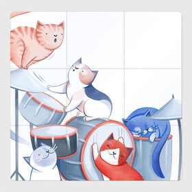 Магнитный плакат 3Х3 с принтом Кошачья группа в Белгороде, Полимерный материал с магнитным слоем | 9 деталей размером 9*9 см | Тематика изображения на принте: арт | барабаны | группа | кот | котик | кошачья группа | кошачья стая | кошка | музыка | музыкальная группа | музыканты | рисунок