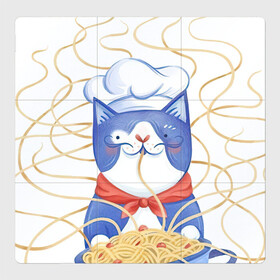 Магнитный плакат 3Х3 с принтом Котик-повар в Белгороде, Полимерный материал с магнитным слоем | 9 деталей размером 9*9 см | Тематика изображения на принте: арт | кот | котик | кошка | макароны | паста | повар | рисунок | спагетти