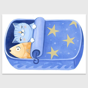 Поздравительная открытка с принтом Сладкие сны в Белгороде, 100% бумага | плотность бумаги 280 г/м2, матовая, на обратной стороне линовка и место для марки
 | арт | звезда | звёзды | консервы | кот | котик | кошка | ночь | рисунок | рыба | рыбка | сны | сон | спокойной ночи