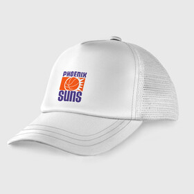 Детская кепка тракер с принтом Phoenix Suns в Белгороде, Козырек - 100% хлопок. Кепка - 100% полиэстер, Задняя часть - сетка | универсальный размер, пластиковая застёжка | basketball | mvp | nba | phoenix | sport | streetball | suns | аризона | баскетбол | игра | крис пол | мяч | нба | санс | спорт | стритбол | тренер | финикс | чемпион