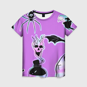 Женская футболка 3D с принтом Зелье смерти,паук-Holographica в Белгороде, 100% полиэфир ( синтетическое хлопкоподобное полотно) | прямой крой, круглый вырез горловины, длина до линии бедер | аннотация | голограмма | голографический | градиент | магия | переливающийся | фольга | фон