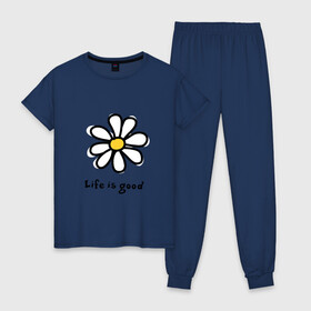 Женская пижама хлопок с принтом LIFE IS GOOD в Белгороде, 100% хлопок | брюки и футболка прямого кроя, без карманов, на брюках мягкая резинка на поясе и по низу штанин | life is good | жизнь | растение | ромашка | цветок | цветочки