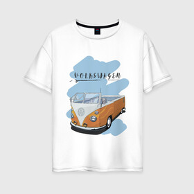 Женская футболка хлопок Oversize с принтом VW Transporter в Белгороде, 100% хлопок | свободный крой, круглый ворот, спущенный рукав, длина до линии бедер
 | retrocar | volkswagen | vw | авто | автобус | винтаж | вольксваген | вольцваген | машины | ретрокар | транспортер | фольксваген | фольцваген