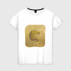 Женская футболка хлопок с принтом Крокодильчик в Белгороде, 100% хлопок | прямой крой, круглый вырез горловины, длина до линии бедер, слегка спущенное плечо | арт | болото | крокодил | крокодильчик | озеро | природа | рисунок