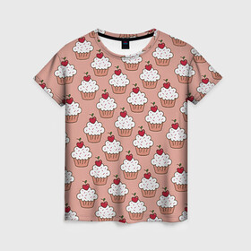 Женская футболка 3D с принтом Вишенка на кексе в Белгороде, 100% полиэфир ( синтетическое хлопкоподобное полотно) | прямой крой, круглый вырез горловины, длина до линии бедер | вафля | вишенка | выпечка | для девушек | еда | кекс | кексик | маффин | пирожное | рисунок