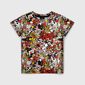 Детская футболка 3D с принтом Абстрактный разноцветный узор в Белгороде, 100% гипоаллергенный полиэфир | прямой крой, круглый вырез горловины, длина до линии бедер, чуть спущенное плечо, ткань немного тянется | абстрактный | граффити | желтый | красный | мазня | молодежный | популярный | разноцветный | рисунок | современный | черный