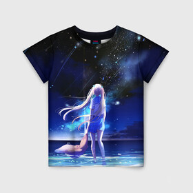 Детская футболка 3D с принтом Animegirl Night Sea в Белгороде, 100% гипоаллергенный полиэфир | прямой крой, круглый вырез горловины, длина до линии бедер, чуть спущенное плечо, ткань немного тянется | аниме девушка | градиент | девочка | звезды | луна | море | на каждый день | небо | облака | океан | персонаж | синее | синий