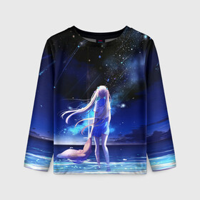 Детский лонгслив 3D с принтом Animegirl Night Sea в Белгороде, 100% полиэстер | длинные рукава, круглый вырез горловины, полуприлегающий силуэт
 | аниме девушка | градиент | девочка | звезды | луна | море | на каждый день | небо | облака | океан | персонаж | синее | синий