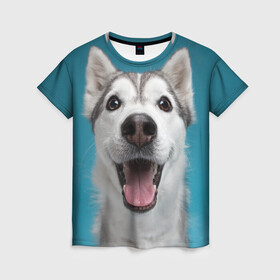 Женская футболка 3D с принтом Хаски в Белгороде, 100% полиэфир ( синтетическое хлопкоподобное полотно) | прямой крой, круглый вырез горловины, длина до линии бедер | dog | дог | домашние животные | звери | сибирский хаски | собака | собаки | хаски