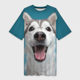 Платье-футболка 3D с принтом Собака лайка в Белгороде,  |  | dog | дог | домашние животные | звери | сибирский хаски | собака | собаки | хаски