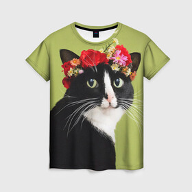 Женская футболка 3D с принтом Кот и цветы в Белгороде, 100% полиэфир ( синтетическое хлопкоподобное полотно) | прямой крой, круглый вырез горловины, длина до линии бедер | cat | домашние животные | кот | коты | кошка | кошки | цветы | черный кот