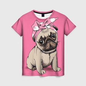 Женская футболка 3D с принтом Мопс | собака в Белгороде, 100% полиэфир ( синтетическое хлопкоподобное полотно) | прямой крой, круглый вырез горловины, длина до линии бедер | dog | дог | домашние животные | звери | мопс | мопсик | розовое | собака | собаки | собачка | собачки