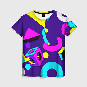Женская футболка 3D с принтом Геометрические фигуры в Белгороде, 100% полиэфир ( синтетическое хлопкоподобное полотно) | прямой крой, круглый вырез горловины, длина до линии бедер | геометрический | красочный | мода | разноцветные 90 е | стиль | структура | текстура | ткань | узор | фон | цвет