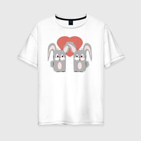 Женская футболка хлопок Oversize с принтом Зайки в Белгороде, 100% хлопок | свободный крой, круглый ворот, спущенный рукав, длина до линии бедер
 | заяц | звери | любовь | сердца