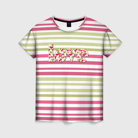 Женская футболка 3D с принтом Вырезанные буквы LOVE в Белгороде, 100% полиэфир ( синтетическое хлопкоподобное полотно) | прямой крой, круглый вырез горловины, длина до линии бедер | love | буквы | вишневый узор | вишня | детский | любовь | полосатый | полосы | школа | ягодный узор