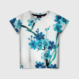 Детская футболка 3D с принтом Голубая сакура в Белгороде, 100% гипоаллергенный полиэфир | прямой крой, круглый вырез горловины, длина до линии бедер, чуть спущенное плечо, ткань немного тянется | акварель | белый | нежный | растительное | рисунок | цветочный | цветы