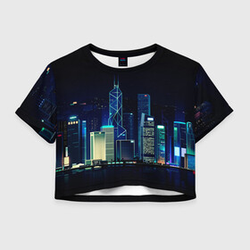 Женская футболка Crop-top 3D с принтом СВЕТЯЩИЙСЯ ГОРОД в Белгороде, 100% полиэстер | круглая горловина, длина футболки до линии талии, рукава с отворотами | вышки | город | здание | мегаполис | неон