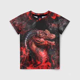 Детская футболка 3D с принтом Опасный Динозавр | Red Dino (Z) в Белгороде, 100% гипоаллергенный полиэфир | прямой крой, круглый вырез горловины, длина до линии бедер, чуть спущенное плечо, ткань немного тянется | dino | dinosauria | red dino | t rex | ti rex | дино | динозавр | красный динозавр | парк юрского | т рекс | ти рекс | хищник | чудовище | юрский период | ящер | ящерица