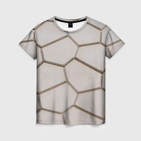 Женская футболка 3D с принтом Ячейки в Белгороде, 100% полиэфир ( синтетическое хлопкоподобное полотно) | прямой крой, круглый вырез горловины, длина до линии бедер | 3d | бежевый | бетон | плиты | серый | соты | спокойный | структура | текстура | ячеистый