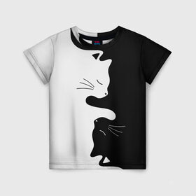 Детская футболка 3D с принтом Коты инь янь в Белгороде, 100% гипоаллергенный полиэфир | прямой крой, круглый вырез горловины, длина до линии бедер, чуть спущенное плечо, ткань немного тянется | cat | домашние животные | звери | инь и янь | инь янь | кот | коты | кошка | кошки | черно белое | чернобелое | черное и белое