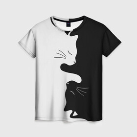 Женская футболка 3D с принтом Коты инь янь в Белгороде, 100% полиэфир ( синтетическое хлопкоподобное полотно) | прямой крой, круглый вырез горловины, длина до линии бедер | cat | домашние животные | звери | инь и янь | инь янь | кот | коты | кошка | кошки | черно белое | чернобелое | черное и белое
