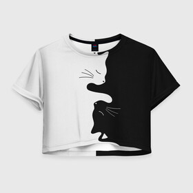 Женская футболка Crop-top 3D с принтом Коты инь янь в Белгороде, 100% полиэстер | круглая горловина, длина футболки до линии талии, рукава с отворотами | cat | домашние животные | звери | инь и янь | инь янь | кот | коты | кошка | кошки | черно белое | чернобелое | черное и белое