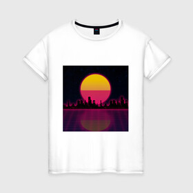 Женская футболка хлопок с принтом Neon City в Белгороде, 100% хлопок | прямой крой, круглый вырез горловины, длина до линии бедер, слегка спущенное плечо | city | neon | retrowave | sunset | город | закат | неон | ретровейв