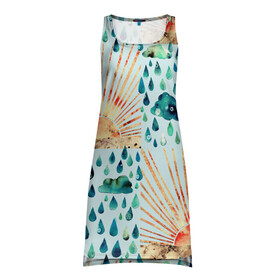 Платье-майка 3D с принтом Осенний паттерн: Дождь и солнце в Белгороде, 100% полиэстер | полуприлегающий силуэт, широкие бретели, круглый вырез горловины, удлиненный подол сзади. | 3d | blue | clouds | overcast | rain | raindrops | sun | sunset | watercolor | weather | акварель | дизайн | дождливый | дождь | закат | капли | коллаж | лучи | непогода | облака | осенний | осень | паттерн | погода | рассвет | синий