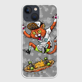 Чехол для iPhone 13 mini с принтом SK8CAT в Белгороде,  |  | Тематика изображения на принте: cat | fishbone | meow | sk8 | skate | skateboarding | кот | мяу | скейт | скейтбординг