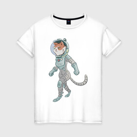 Женская футболка хлопок с принтом Рыжий космонавт в Белгороде, 100% хлопок | прямой крой, круглый вырез горловины, длина до линии бедер, слегка спущенное плечо | арт | астронавт | космонавт | космос | кот | котейка | кошка | рисунок | рыжая кошка | рыжий кот | скафандр